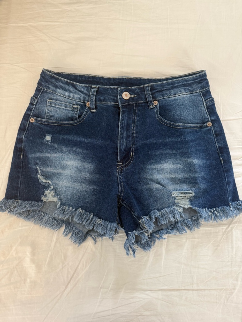 High-Waisted Distressed Denim Shorts - Dark Blue